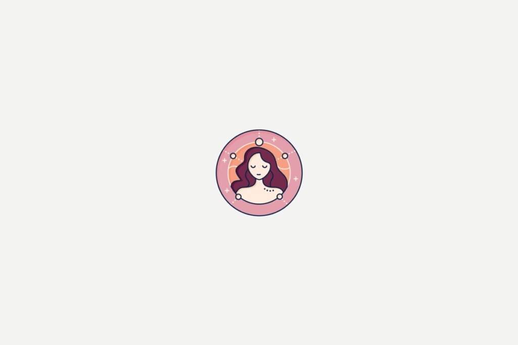 Ilustração de uma mulher dentro de um círculo rosa representando o signo de virgem sobre fundo cinza