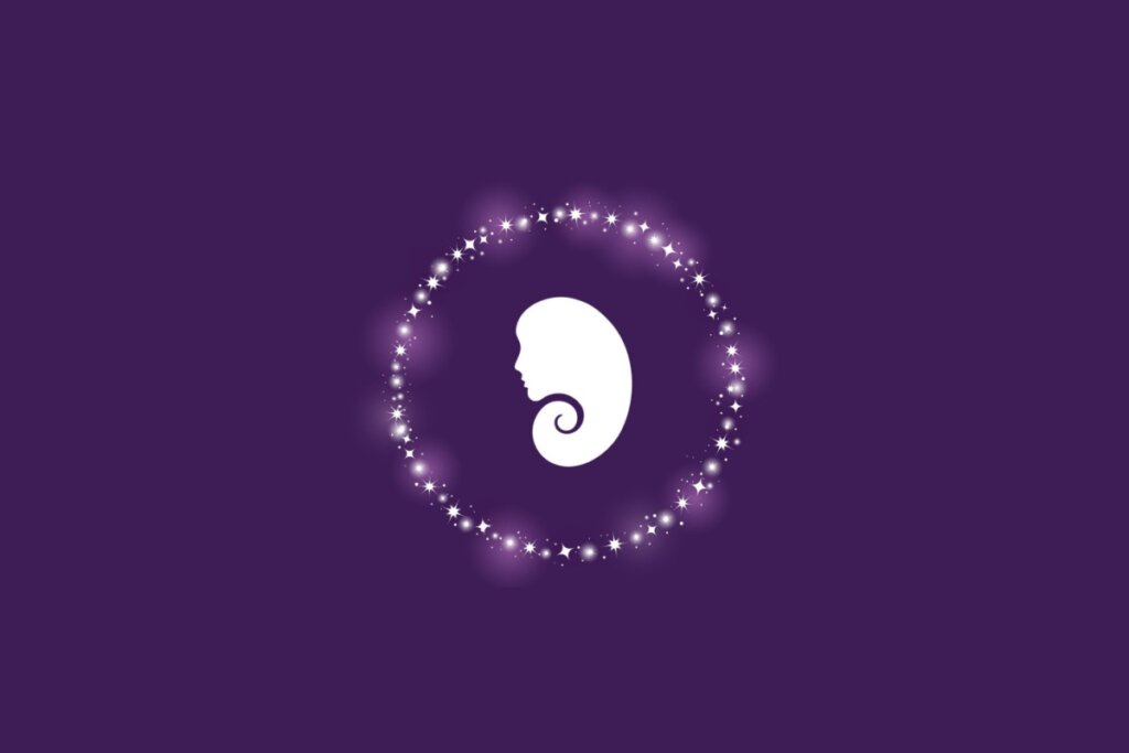 Ilustração do símbolo do signo de Virgem com o perfil de uma mulher em branco, envolvido por pontos brilhantes sobre fundo roxo