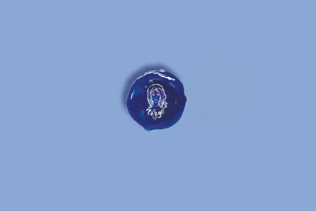 Ilustração do signo de virgem, dentro de um círculo azul-escuro, em um fundo azul-claro