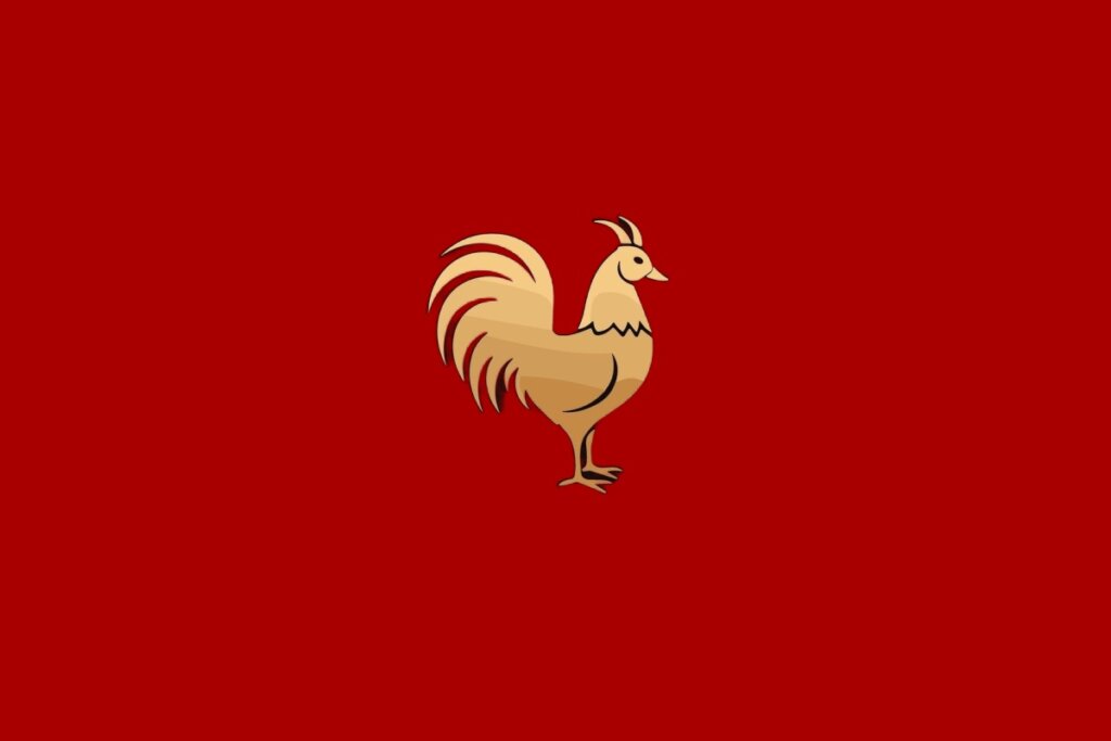 Ilustração do signo de Galo, contendo um galo estilizado em fundo vermelho