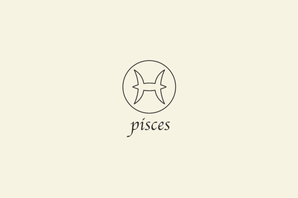 Ilustração do signo de Peixes, em fundo bege, contendo dois arcos opostos conectados ao centro por uma linha reta horizontal, formando o símbolo de dois peixes em sentidos contrários