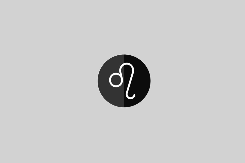 Ilustração do signo de Leão, contendo curva branca com círculo na ponta esquerda, sobre fundo cinza com círculo preto dividido ao meio verticalmente