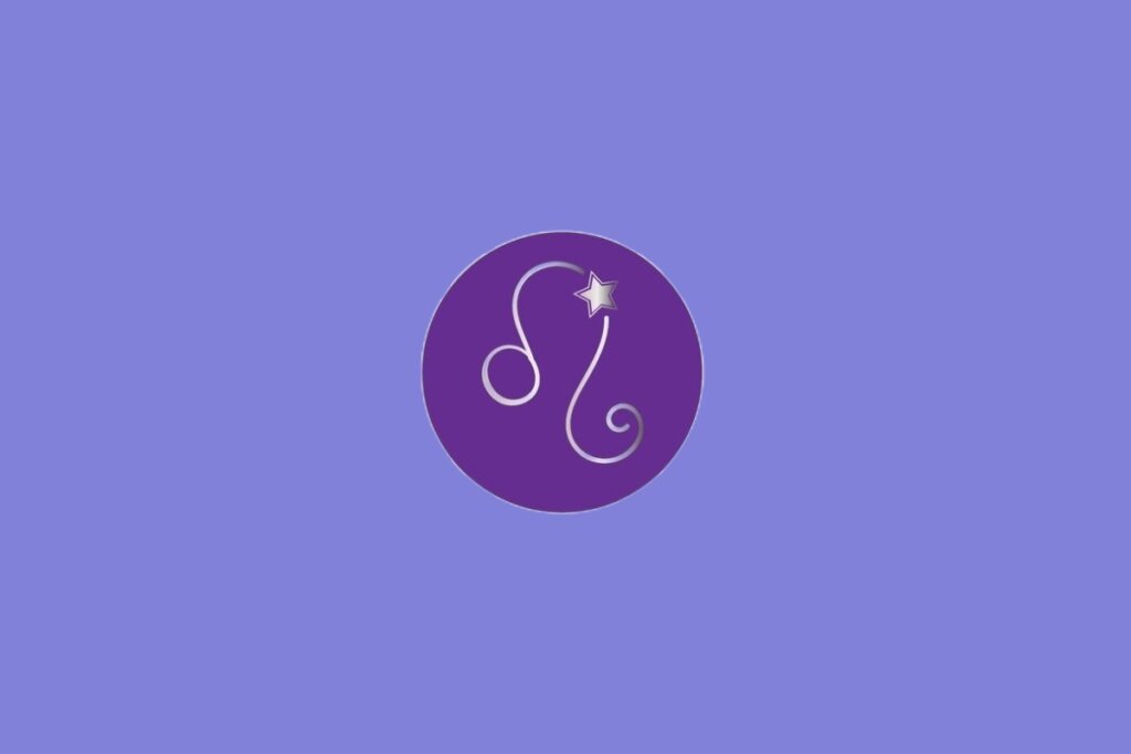 Ilustração do signo de Leão, contendo símbolo curvo estilizado com estrela ao lado, em fundo roxo