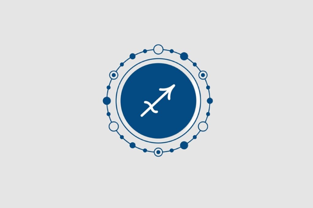 Ilustração do signo de Sagitário, com uma seta branca apontada para cima à direita, sobre um fundo azul-escuro, cercada por ornamentos circulares