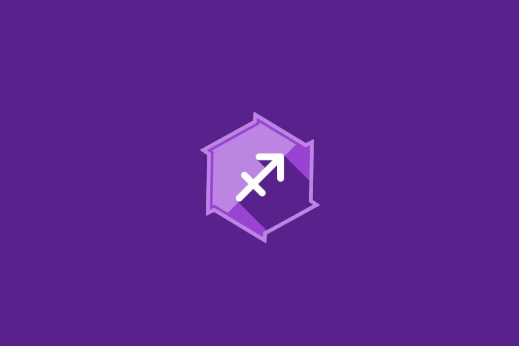 Ilustração do signo de Sagitário, em fundo roxo, com símbolo de seta apontando para cima e à direita