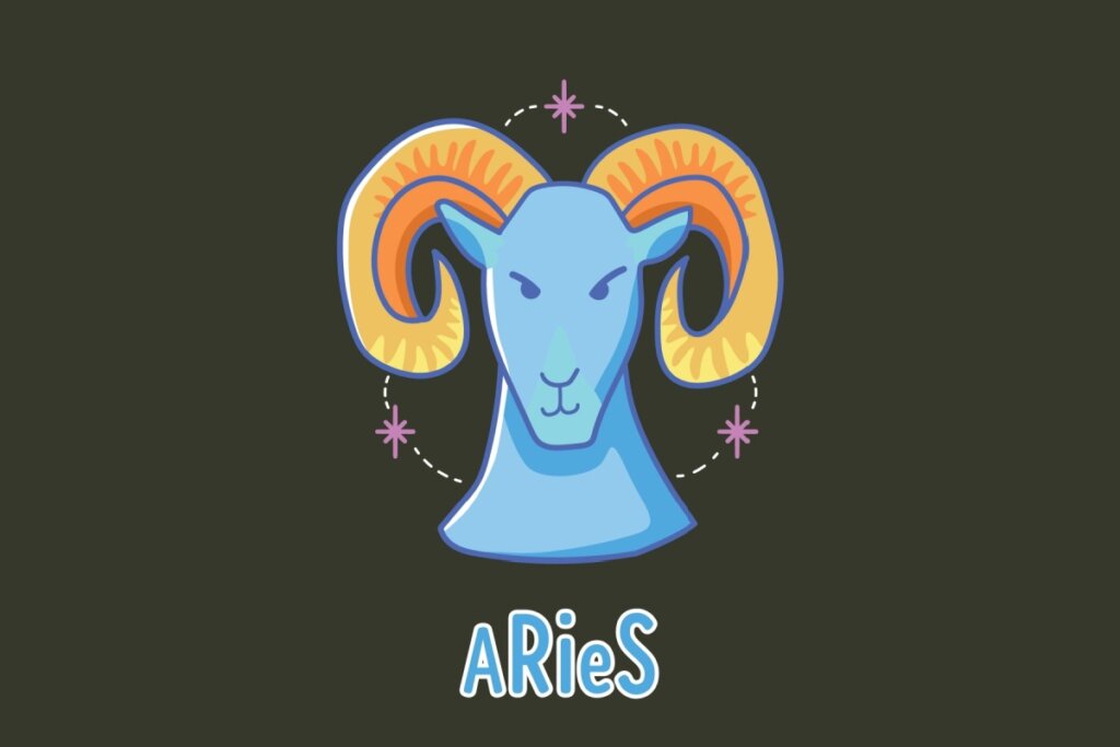 Ilustração do signo de Áries apresentando a cabeça de um carneiro azul de frente. O animal exibe grandes chifres espiralados em tons de amarelo e laranja. Atrás da cabeça, há um círculo pontilhado branco decorado com pequenas estrelas roxas de quatro pontas. Na parte inferior, lê-se a palavra "ARIES" em letras azuis com contorno branco sobre o fundo escuro.