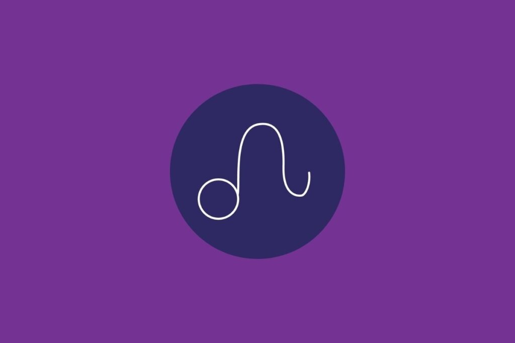 Ilustração do signo de leão, em um círculo azul-escuro, sobre um fundo roxo