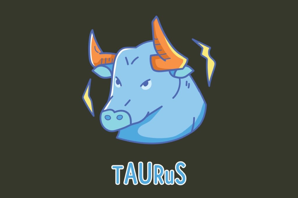 Ilustração do signo de Touro focada na cabeça de um touro azul com expressão brava e olhos semicerrados. O animal possui chifres robustos e pontiagudos na cor laranja com detalhes amarelos. Dois elementos gráficos amarelos que lembram faíscas ou raios aparecem nas laterais da cabeça. Abaixo, a palavra "TAURUS" escrita em letras azuis com bordas brancas.