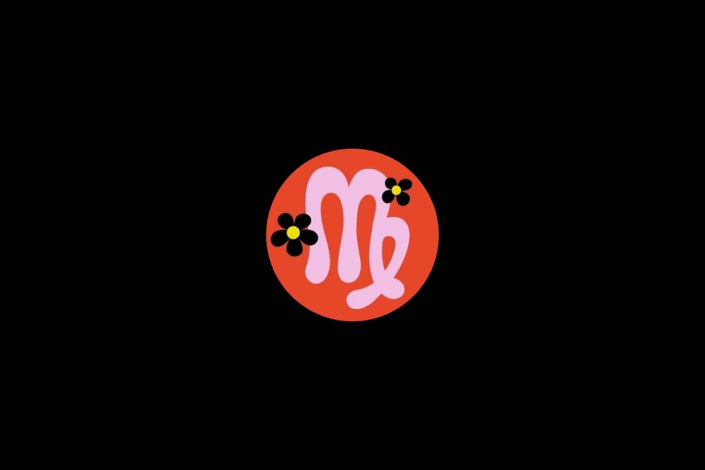 Ilustração do signo de virgem dentro de um círculo laranja em um fundo preto