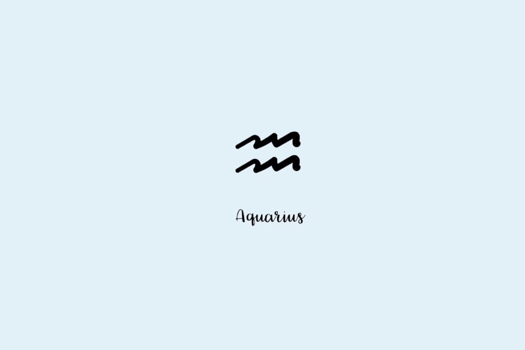 Ilustração do símbolo do signo de aquário, com o nome embaixo, em um fundo azul-claro