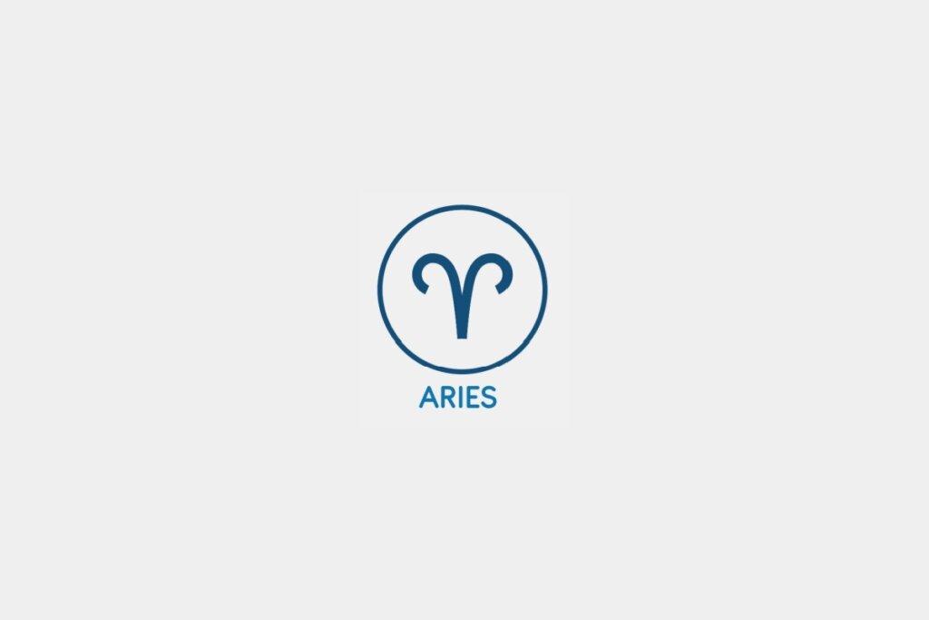 Círculo azul com o símbolo do signo de Áries ao centro e o nome do signo abaixo, sobre um fundo cinza-claro
