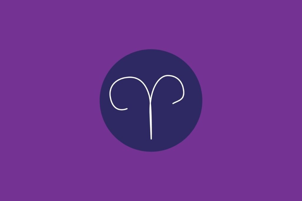 Ilustração do signo de áries, em um círculo azul-escuro, sobre um fundo roxo