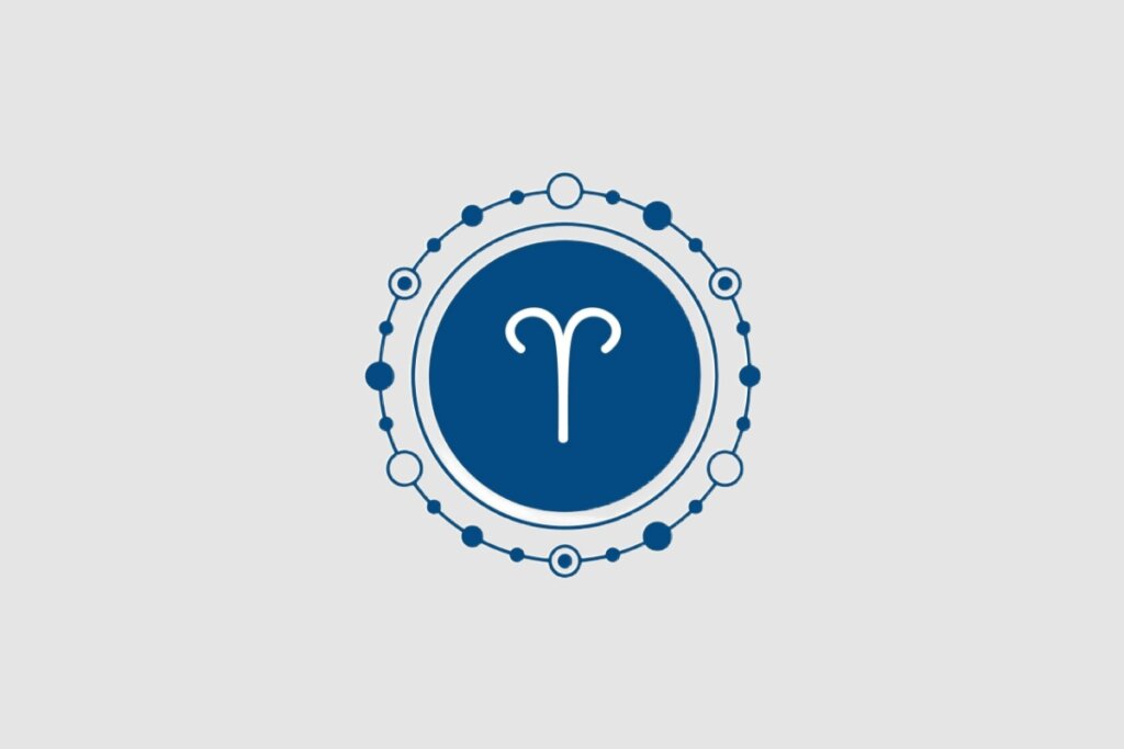 Ilustração do signo de áries, com símbolo branco, sobre fundo azul-escuro e contorno circular decorativo