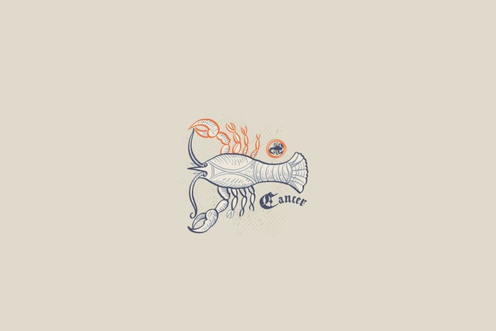 Ilustração de um caranguejo, símbolo do signo de Câncer, em um fundo cinza
