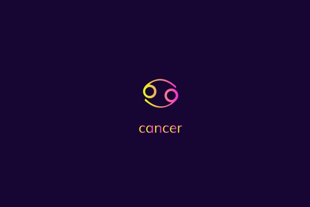 Ilustração do signo de câncer na cor rosa e amarelo em um fundo azul-escuro