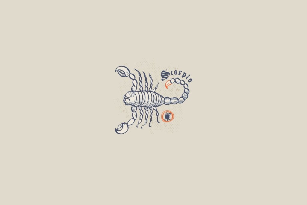 Ilustração de um escorpião, símbolo  do signo de Escorpião, em um fundo cinza