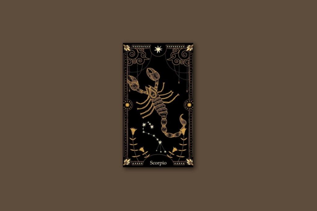 Ilustração de uma carta preta, com o desenho do signo e da constelação de Escorpião, com borda dourada e estrelas
