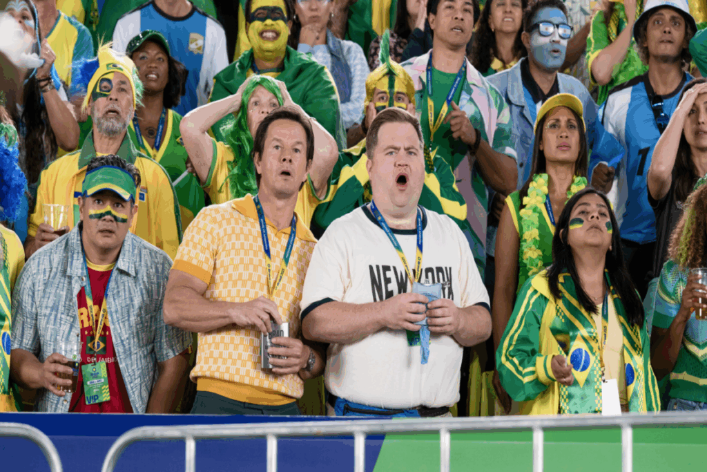 Grupo de torcedores usando uniformes em verde e amarelo assistindo jogo de futebol com expressões de surpresa