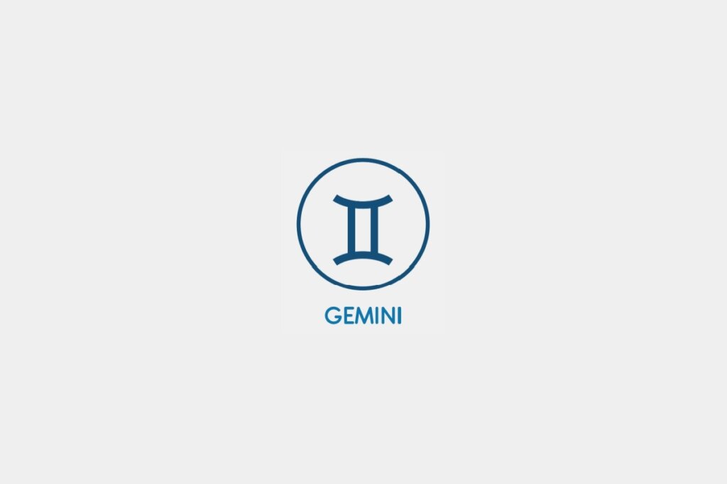 Círculo azul com o símbolo do signo de Gêmeos ao centro e o nome do signo abaixo, sobre um fundo cinza-claro