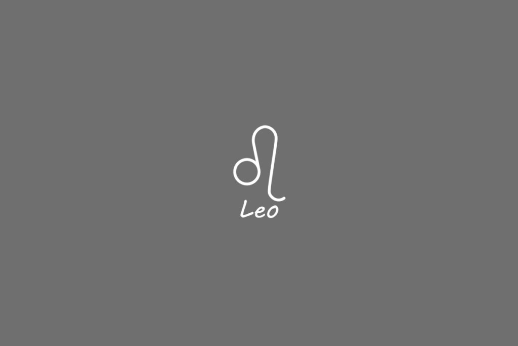 Símbolo do signo de leão, na cor branca, centralizado em um fundo cinza e com o nome embaixo