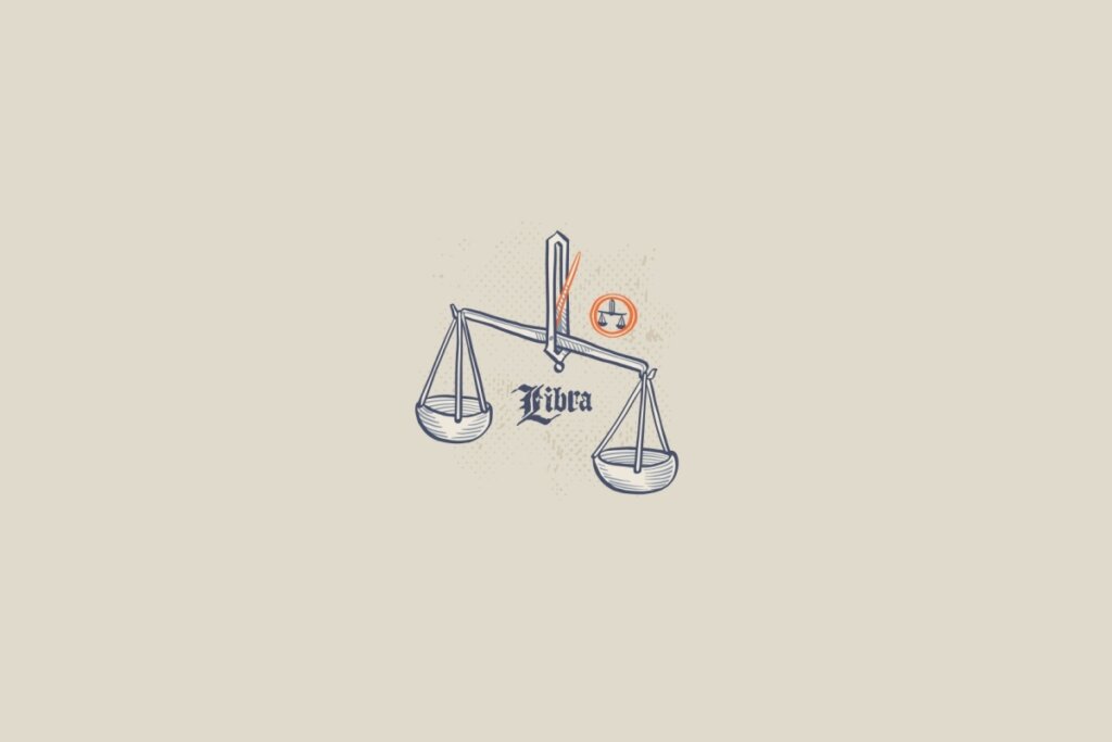 Ilustração de uma balança, símbolo do signo de libra, em um fundo cinza