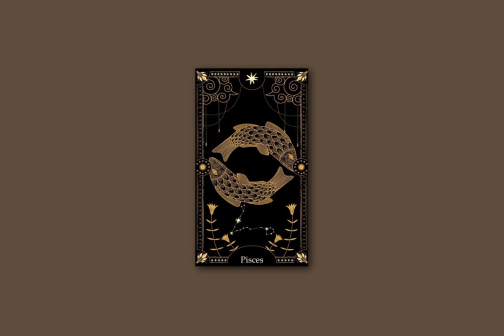 Ilustração de uma carta preta, com dois peixes e a constelação de Peixes, com borda dourada e estrelas