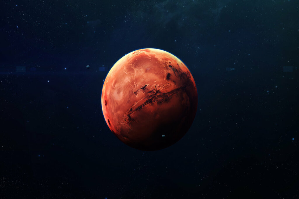 Ilustração do planeta Marte vermelho em céu azul-escuro estrelado