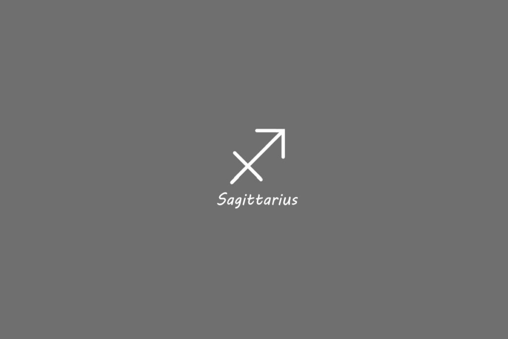 Símbolo do signo de sagitário, na cor branca, centralizado em um fundo cinza e com o nome embaixo