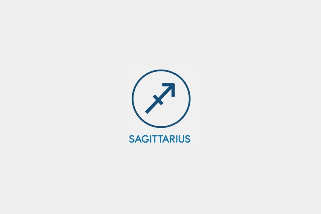 Círculo azul com o símbolo do signo de Sagitário ao centro e o nome do signo abaixo, sobre um fundo cinza-claro