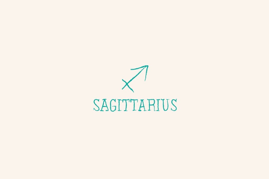 Símbolo do signo de sagitário, na cor verde, centralizado em um fundo bege-claro e com o nome abaixo