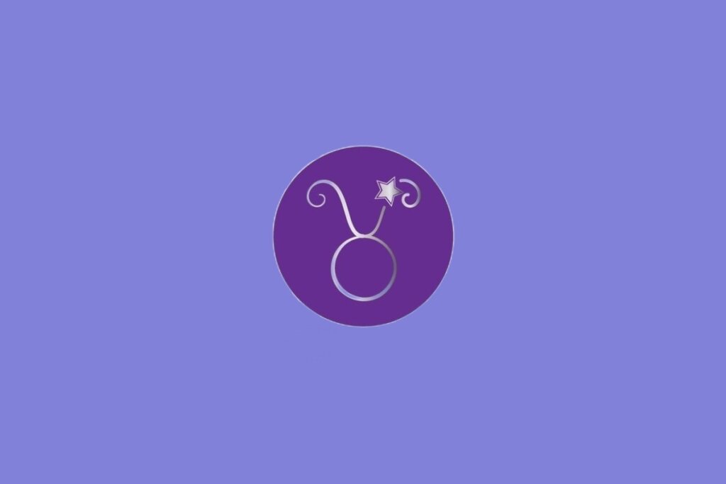 Ilustração do signo de Touro, contendo símbolo de círculo com chifres superiores e estrela ao lado, em fundo roxo