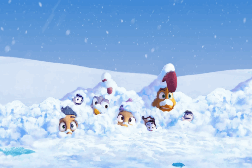 Ilustração de personagens cobertos de neve