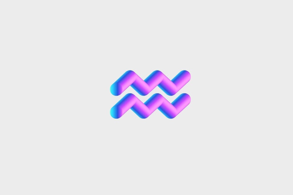 Ilustração do signo de Aquário, em fundo cinza, contendo o símbolo em formato 3D com gradiente azul, roxo e rosa, representado por duas linhas onduladas paralelas em zigue-zague