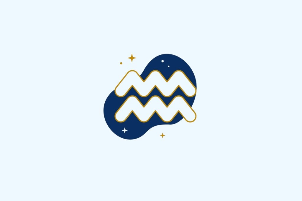 Ilustração do signo de Aquário contendo símbolo de ondas paralelas em azul-claro e dourado sobre fundo azul-claro