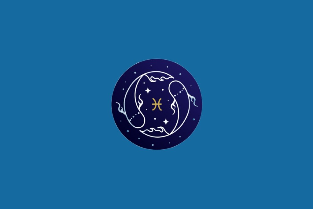 Ilustração do signo de Peixes, em fundo azul, contendo um círculo com dois peixes em movimento circular em linhas brancas e o símbolo do signo em dourado