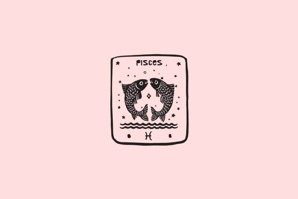 ilustração do signo de Peixes, contendo dois peixes espelhados frente a frente com estrelas e ondas, em fundo rosa-claro