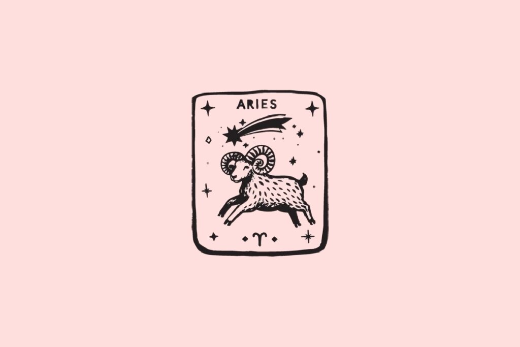 Ilustração do signo de Áries, contendo um carneiro saltando com estrelas e estrela cadente, em fundo rosa-claro