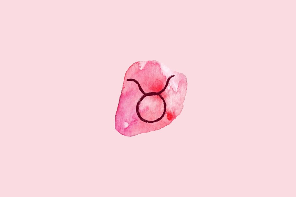 Ilustração do signo de Touro contendo o símbolo de um círculo com dois chifres curvos no topo em aquarela rosa sobre fundo rosa-claro