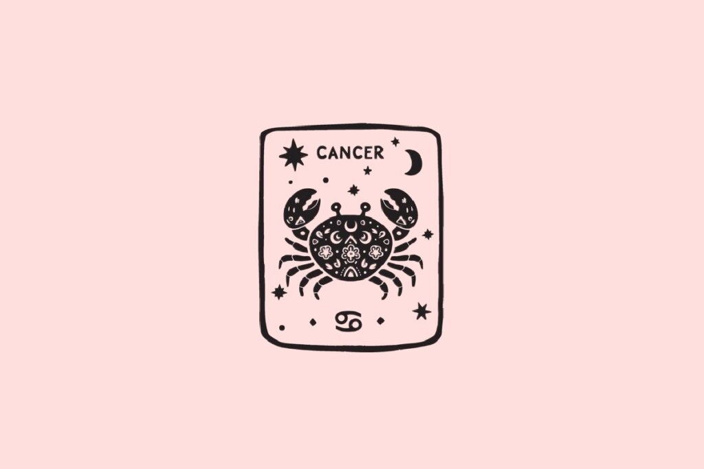 Ilustração do signo de Câncer, contendo um caranguejo ornamentado com lua crescente e estrelas, em fundo rosa-claro