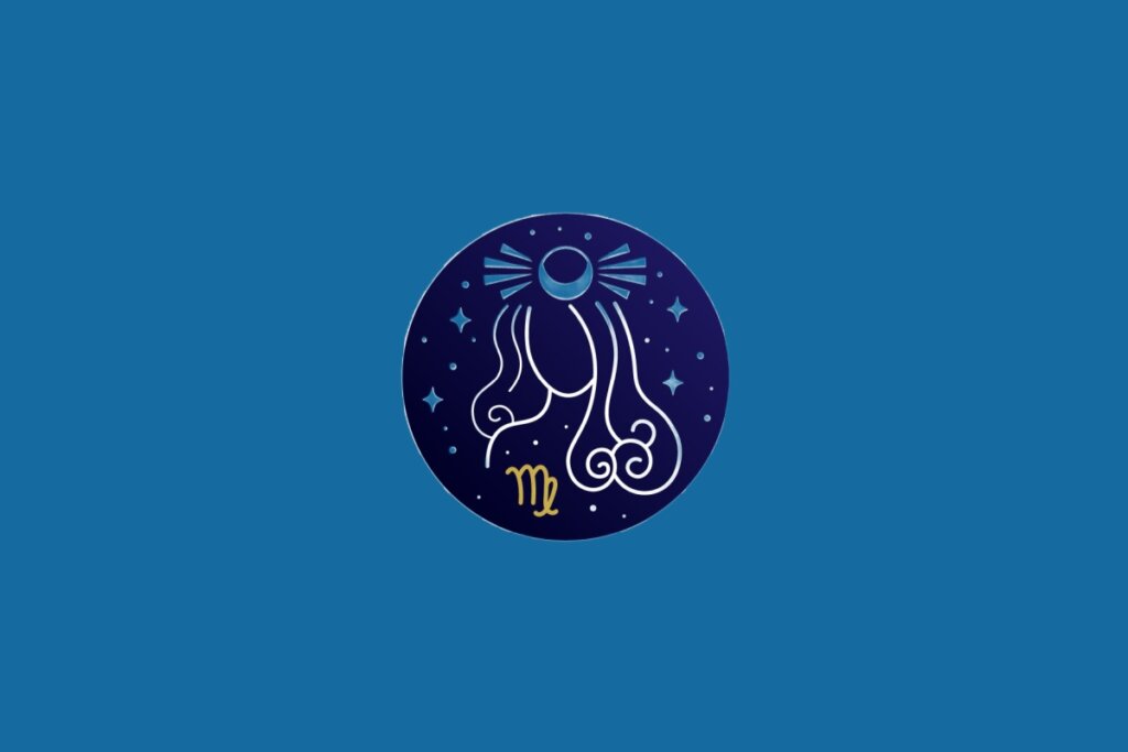 Ilustração do signo de Virgem, em fundo azul, contendo um círculo com uma figura feminina estilizada de cabelos longos em linhas brancas e o símbolo do signo em dourado