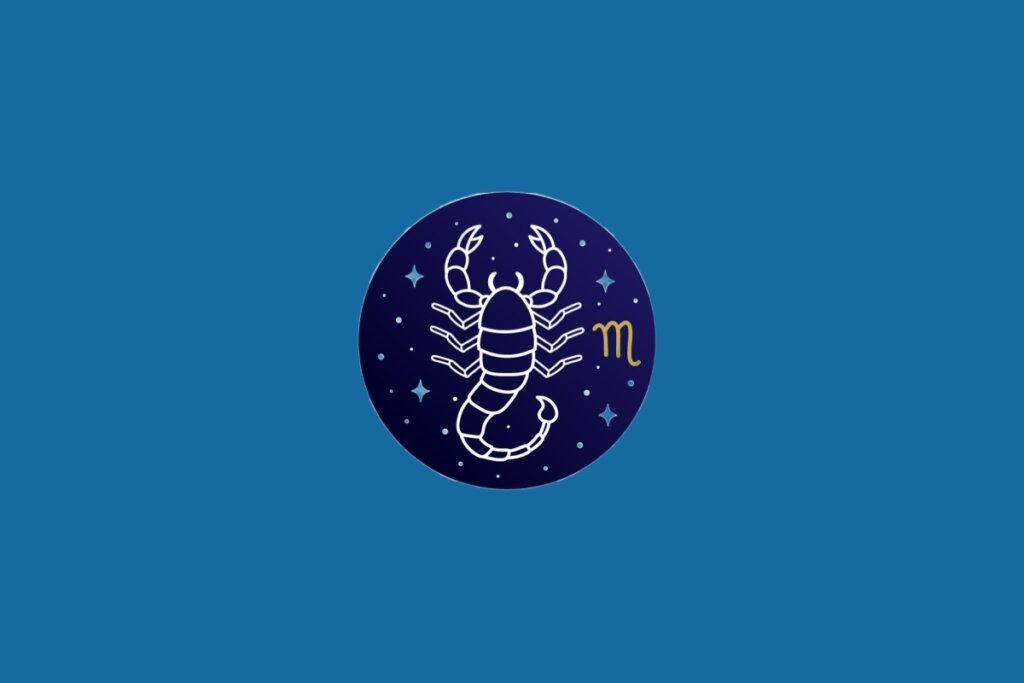 Ilustração do signo de Escorpião, em fundo azul, contendo um círculo com um escorpião em linhas brancas e o símbolo do signo em dourado