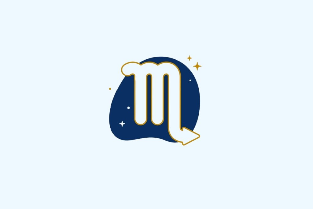 Ilustração do signo de Escorpião contendo símbolo de letra M com seta em azul-claro e dourado sobre fundo azul-claro