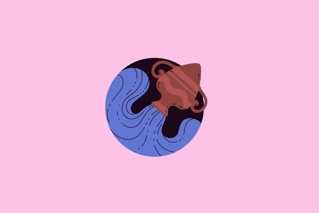 Ilustração de um vaso de barro inclinado, de cor marrom, do qual jorra água azul em movimento ondulado. A imagem está centrada em um fundo rosa