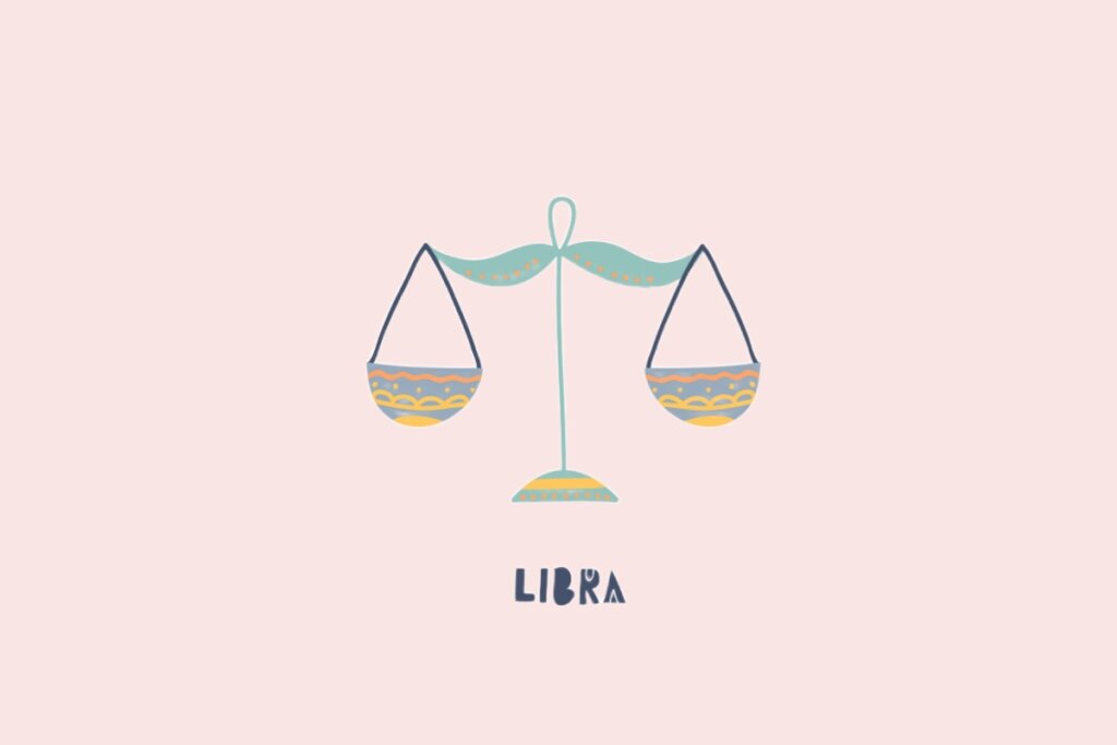 Desenho de uma balança de pratos suspensa, com estrutura verde-água e pratos decorados em cinza e amarelo. O fundo é rosa claro e a palavra "LIBRA" aparece centralizada abaixo.