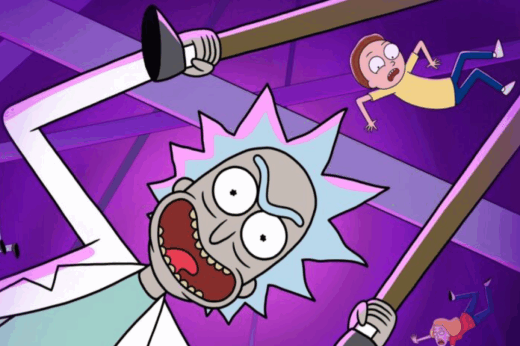 Rick gritando com expressão desesperada enquanto Morty voa ao fundo
