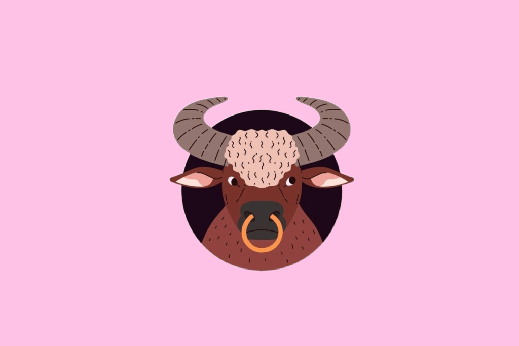 Ilustração frontal da cabeça de um touro marrom com grandes chifres cinzas e uma mecha de pelo bege encaracolado no topo da cabeça. O touro usa um argola dourada no nariz e está em um fundo rosa