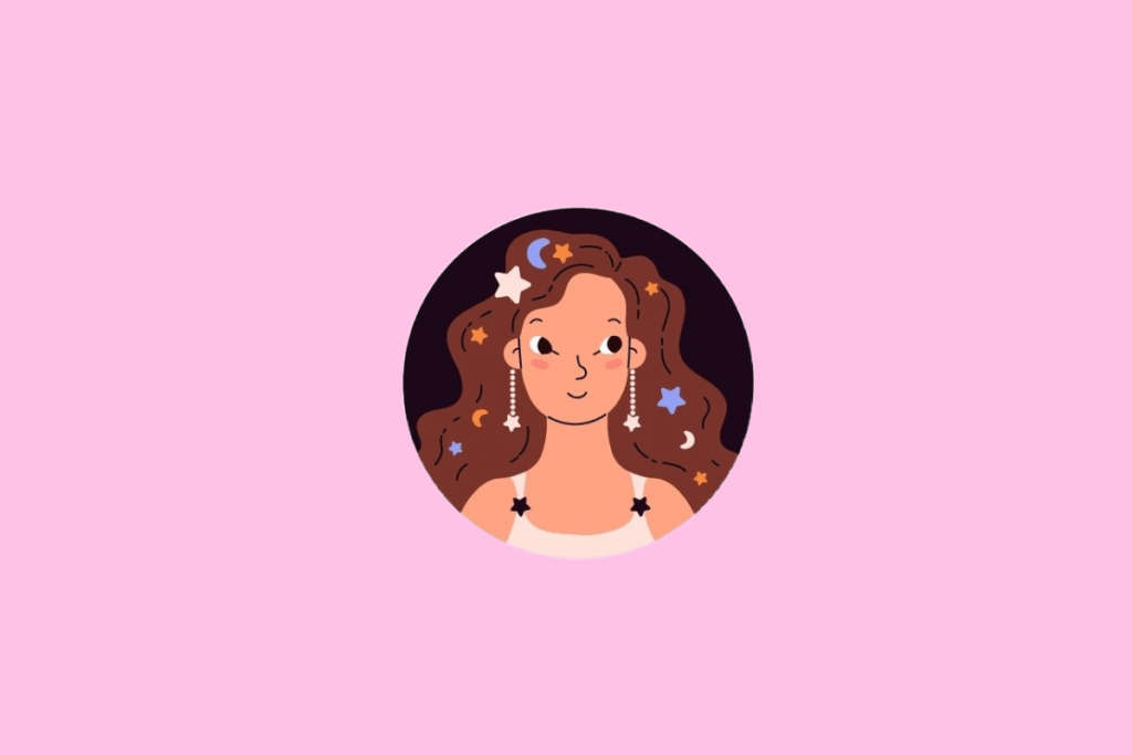 Ilustração de uma mulher jovem com longos cabelos castanhos ondulados, adornados com pequenas estrelas e luas coloridas. Ela usa brincos de pérolas com pingentes de estrela e uma blusa branca de alças finas. A imagem está centrada em um fundo rosa
