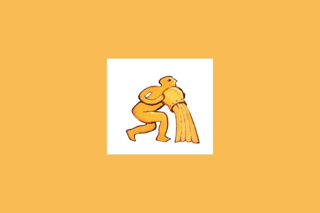 Uma ilustração simples de um jarro com água ou ondas, representando o signo de Aquário, sobre um fundo claro cercado por um tom alaranjado