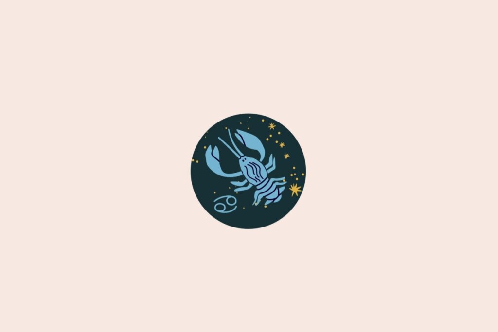 Um desenho de um caranguejo representando o signo de Câncer, dentro de um círculo, com fundo escuro e pequenos elementos que lembram estrelas