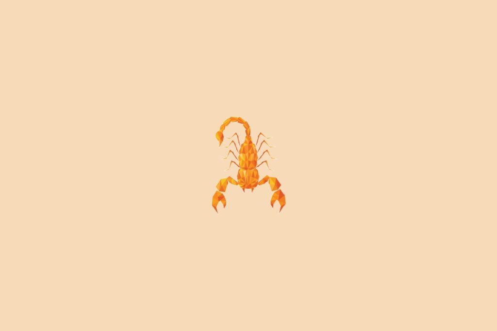Ilustração do signo de escorpião, na cor laranja, centralizado em um fundo laranja-claro